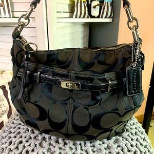 Coach Black Fabric and Leather Shoulder Bag Silver Interior 14x10 Pleated Sides